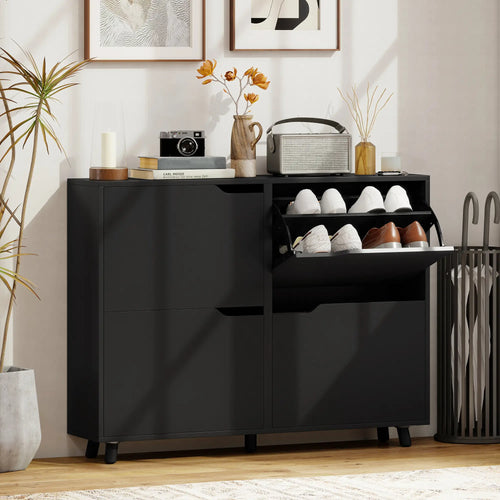 Narrow Shoe Cabinet, 4 Flip Drawers, Adjustable Shelves, 16 Pairs, Black