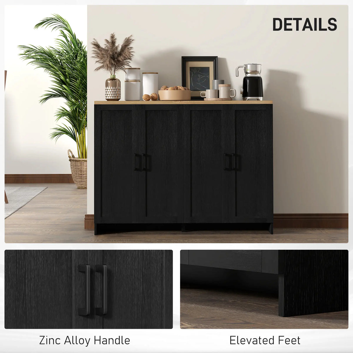 Modern Sideboard Buffet Cabinet, 4 Doors Adjustable Shelves, Black Storage Cabinets at Gallery Canada