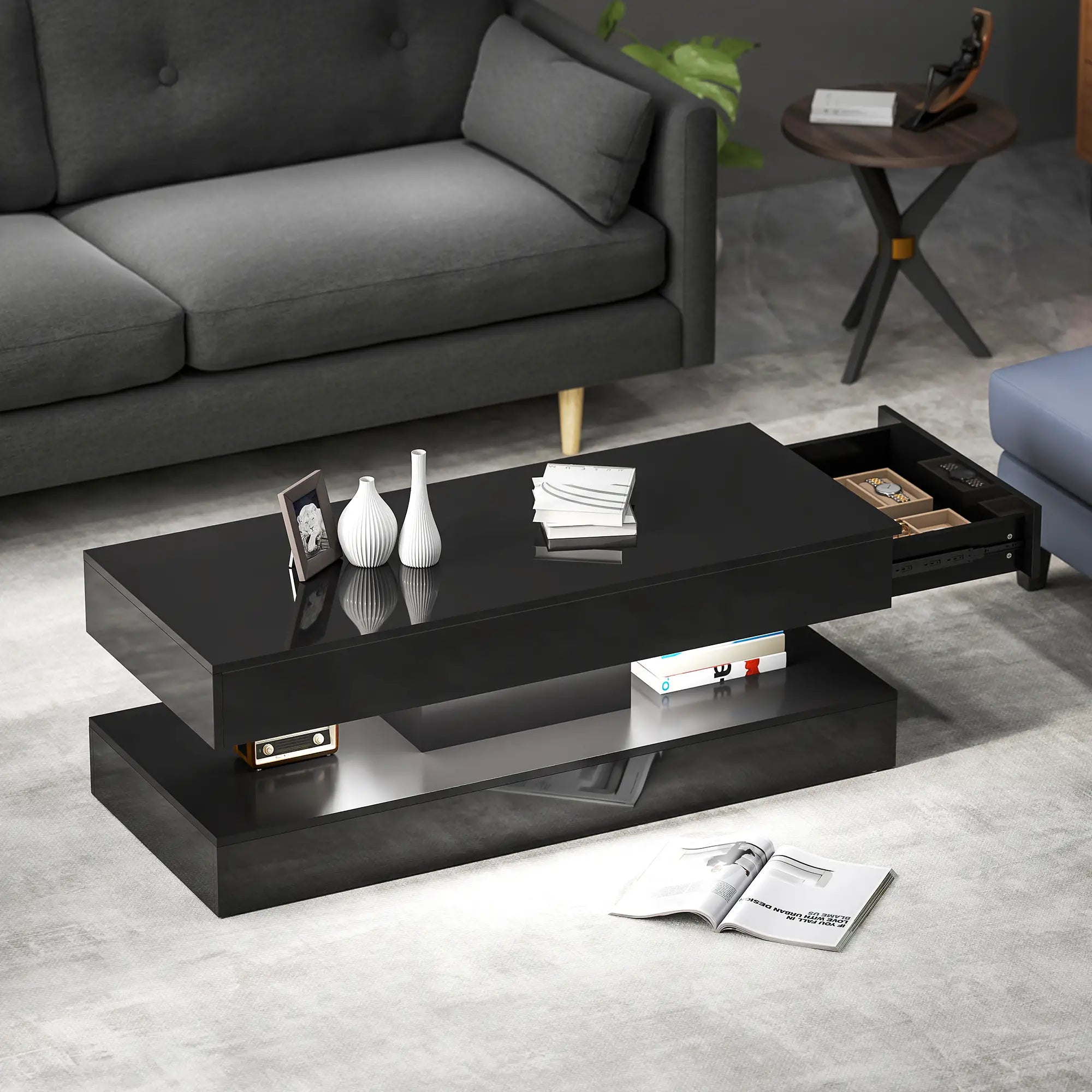 Adjustable LED Coffee Table, Modern Living Room Table, 2 Drawers, Open Shelf, Remote, High Gloss Black Coffee Tables at Gallery Canada