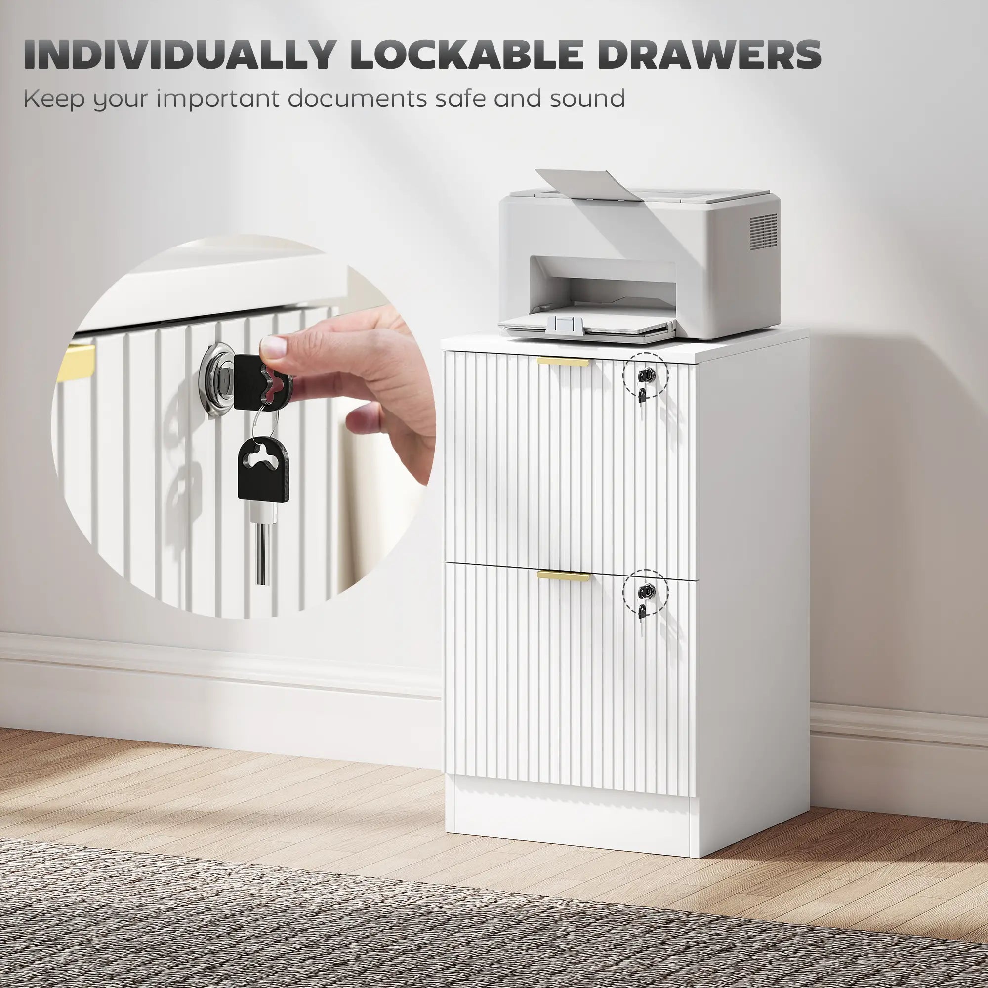 Lockable Filing Cabinet, 2 Fluted Drawers, Adjustable Hanging Rails, White Office Cabinets & Cupboards at Gallery Canada