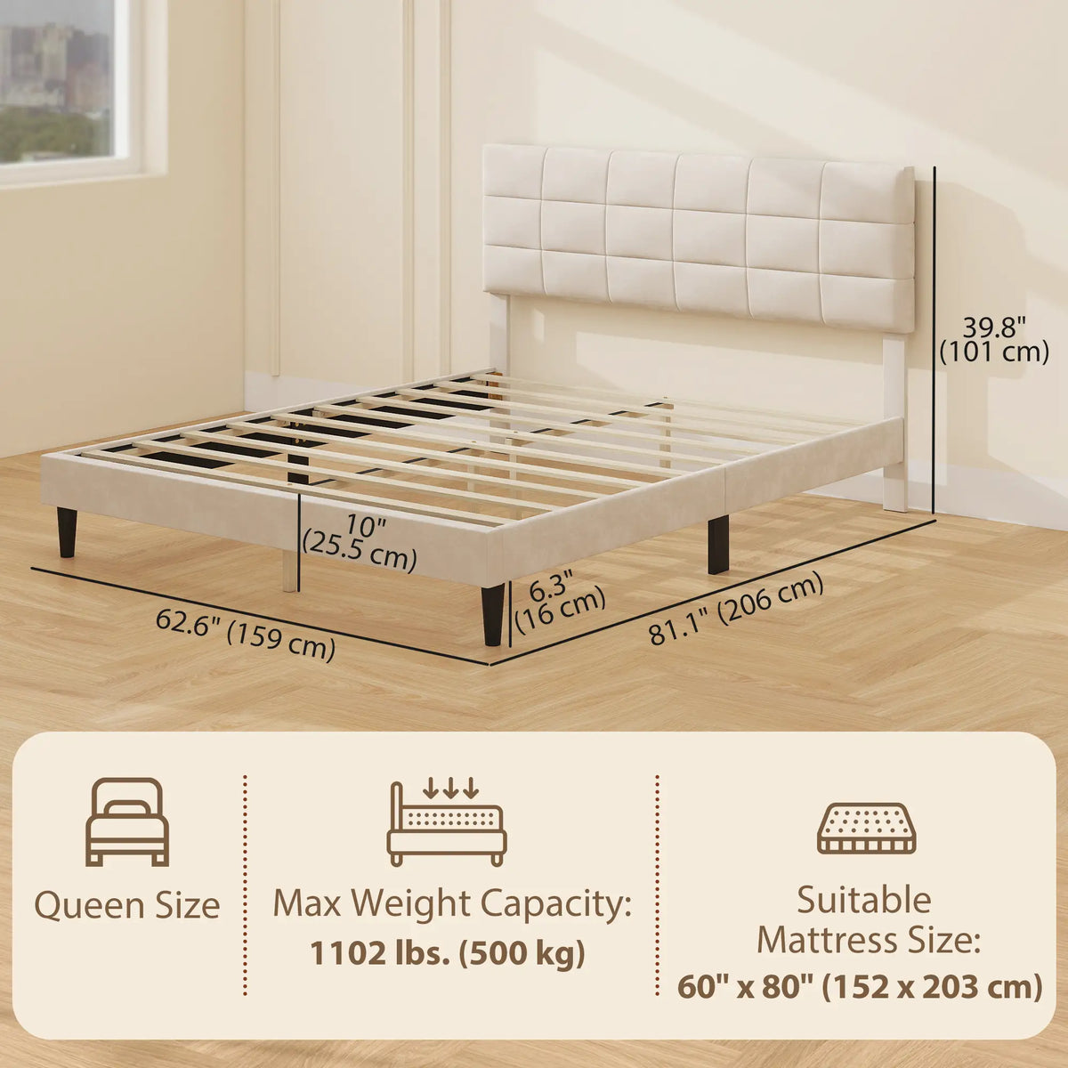 Queen Size Bed Frame, Upholstered Headboard, Wood Slats, 1100 lbs, Cream Bed Frames at Gallery Canada