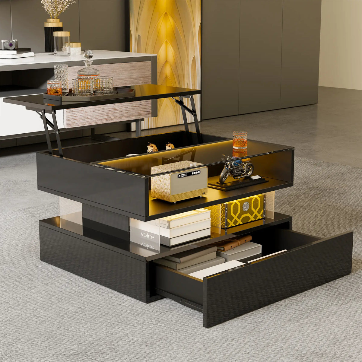Glass Top LED Coffee Table, Storage Drawer, Adjustable Height, 26" L x 21.5" W x 21.5" H, Black Coffee Tables at Gallery Canada