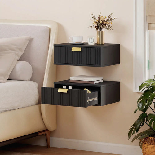 Modern Floating Nightstands, Set of 2, Wall Mounted, Wave Drawer, Black