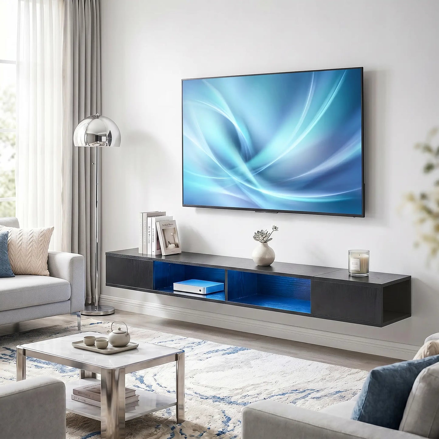 TV Stand with RGB LED Lights, Entertainment Center with Open Shelves for 75 Inch TV, Black Wood Grain TV Stands at Gallery Canada
