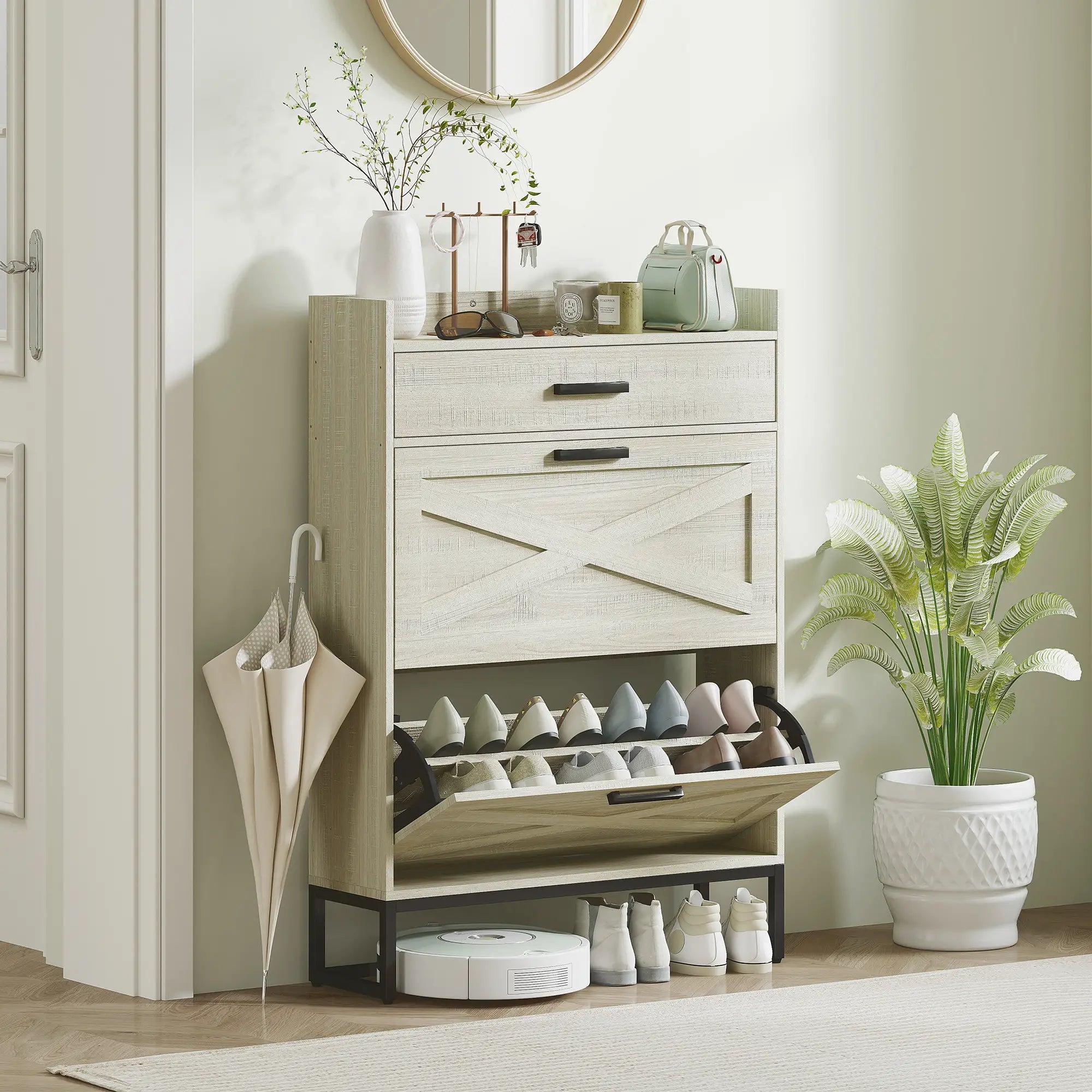Slim Shoe Storage, 2 Flip Drawers, Adjustable Shelves, 12 Pair, Distressed, White Shoe Storage Cabinets & Racks at Gallery Canada