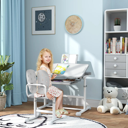 Adjustable Kids Desk and Chair Set, Tilt Desktop, Large Board, Drawer, Grey Kids Desk Sets Grey, White at Gallery Canada