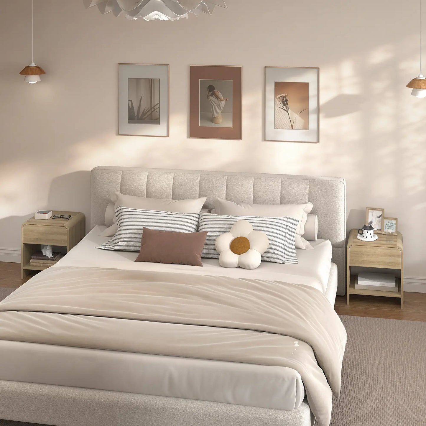 Modern Nightstand Set Of 2, Natural Wood, With Drawer And Open Shelf Bedside Tables at Gallery Canada