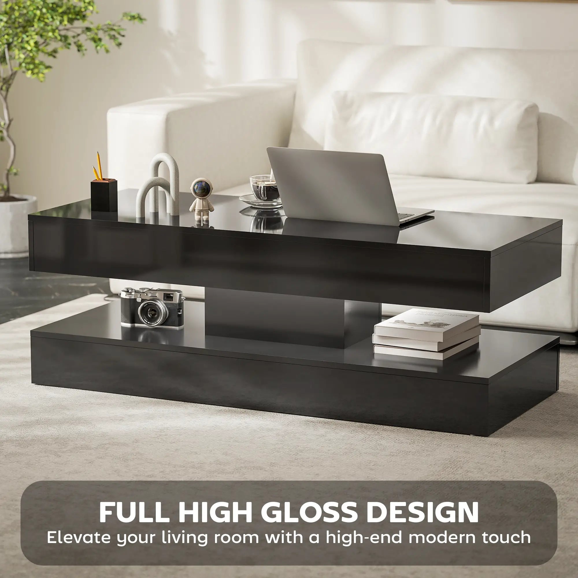 Adjustable LED Coffee Table, Modern Living Room Table, 2 Drawers, Open Shelf, Remote, High Gloss Black Coffee Tables at Gallery Canada
