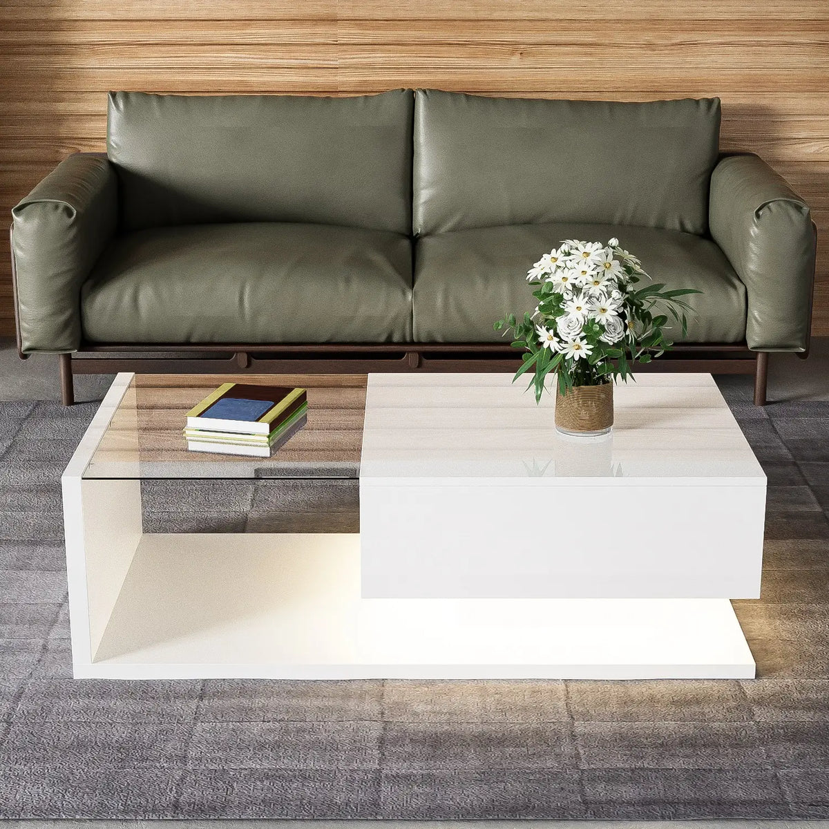 Modern Coffee Table, Glass LED Effect, Storage, 41.5" L x 21.5" W x 12.5" H, White Coffee Tables at Gallery Canada