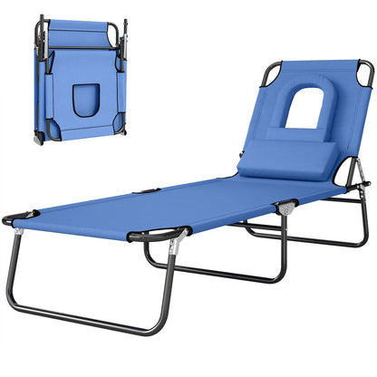 Adjustable Outdoor Lounge Chair, Folding Chaise with Face Hole, Blue Lounger Chairs at Gallery Canada