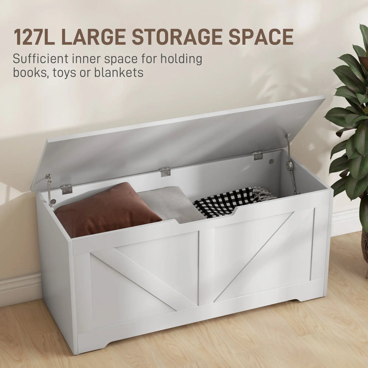 39.4 Inches Wooden Storage Chest, 2 Safety Hinges, White Wood Grain Storage Cabinets at Gallery Canada