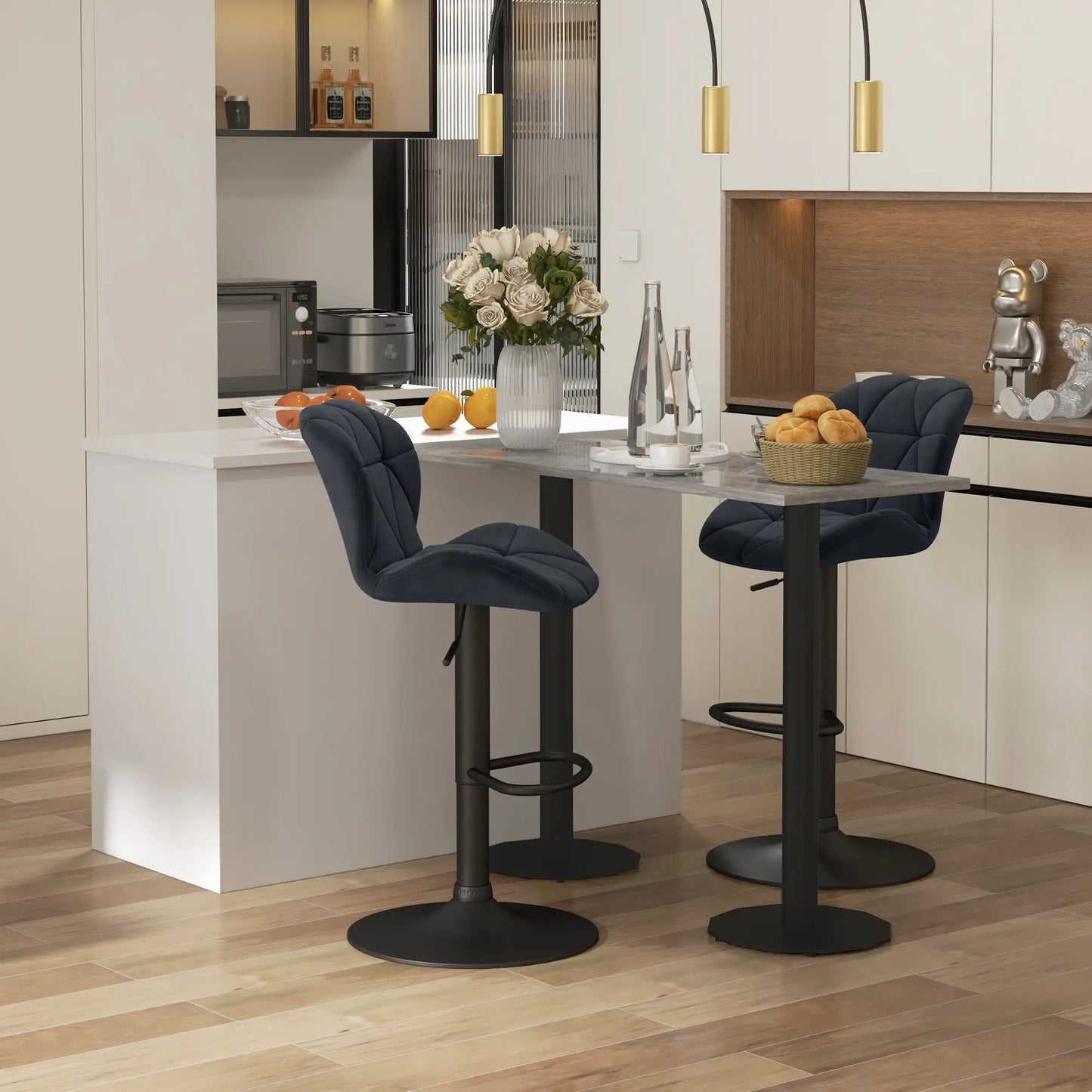 Adjustable Height Fabric Bar Stool Set of 2, Swivel Seat, Black Bar Stools at Gallery Canada