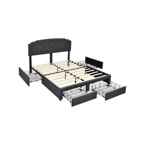 Queen Platform Bed Frame, Adjustable Headboard, 4 Storage Drawers, Gray
