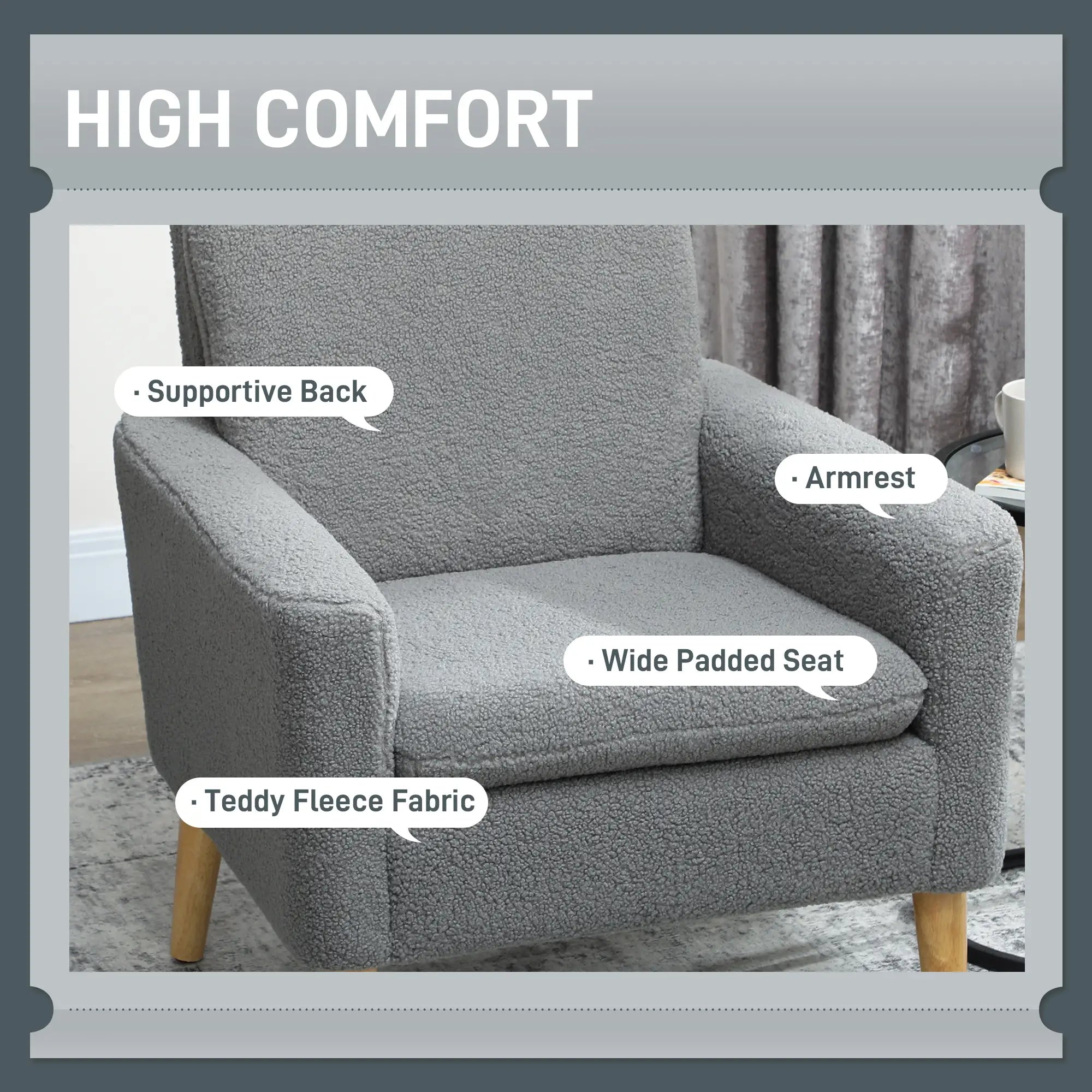 Modern Fabric Accent Chair, Upholstered Armchair with Wood Legs, Grey Accent Chairs at Gallery Canada