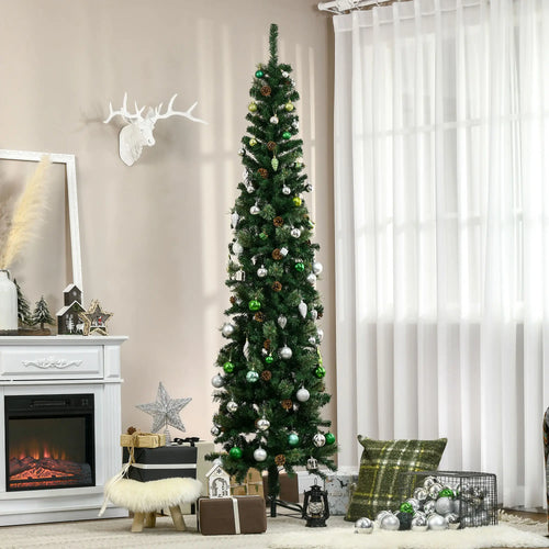 7.5ft Pencil Christmas Tree, Artificial, Pine Needles, Realistic Branches, Green