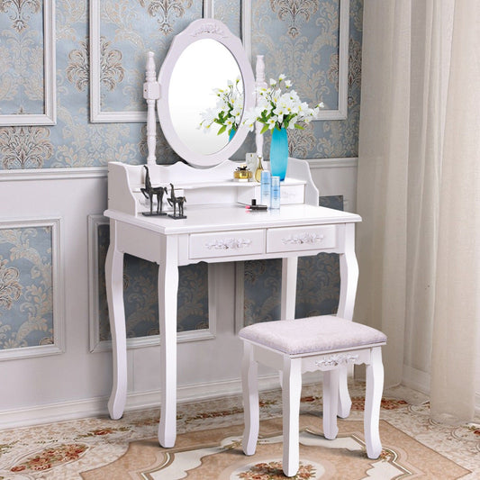 Wood Vanity Table Set with Oval Mirror and 4 Drawers for Kids Girls Women, White Makeup Vanities White at Gallery Canada