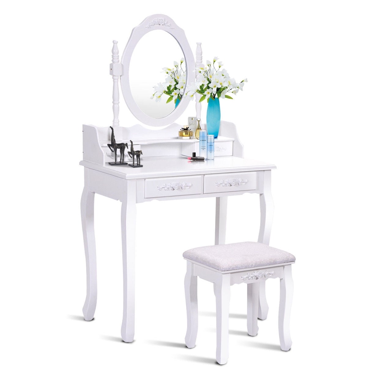 Wood Vanity Table Set with Oval Mirror and 4 Drawers for Kids Girls Women, White Makeup Vanities at Gallery Canada