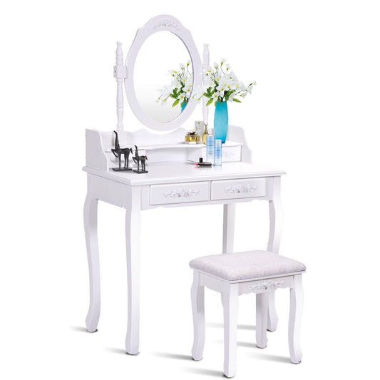 Wood Vanity Table Set with Oval Mirror and 4 Drawers for Kids Girls Women, White Makeup Vanities White at Gallery Canada