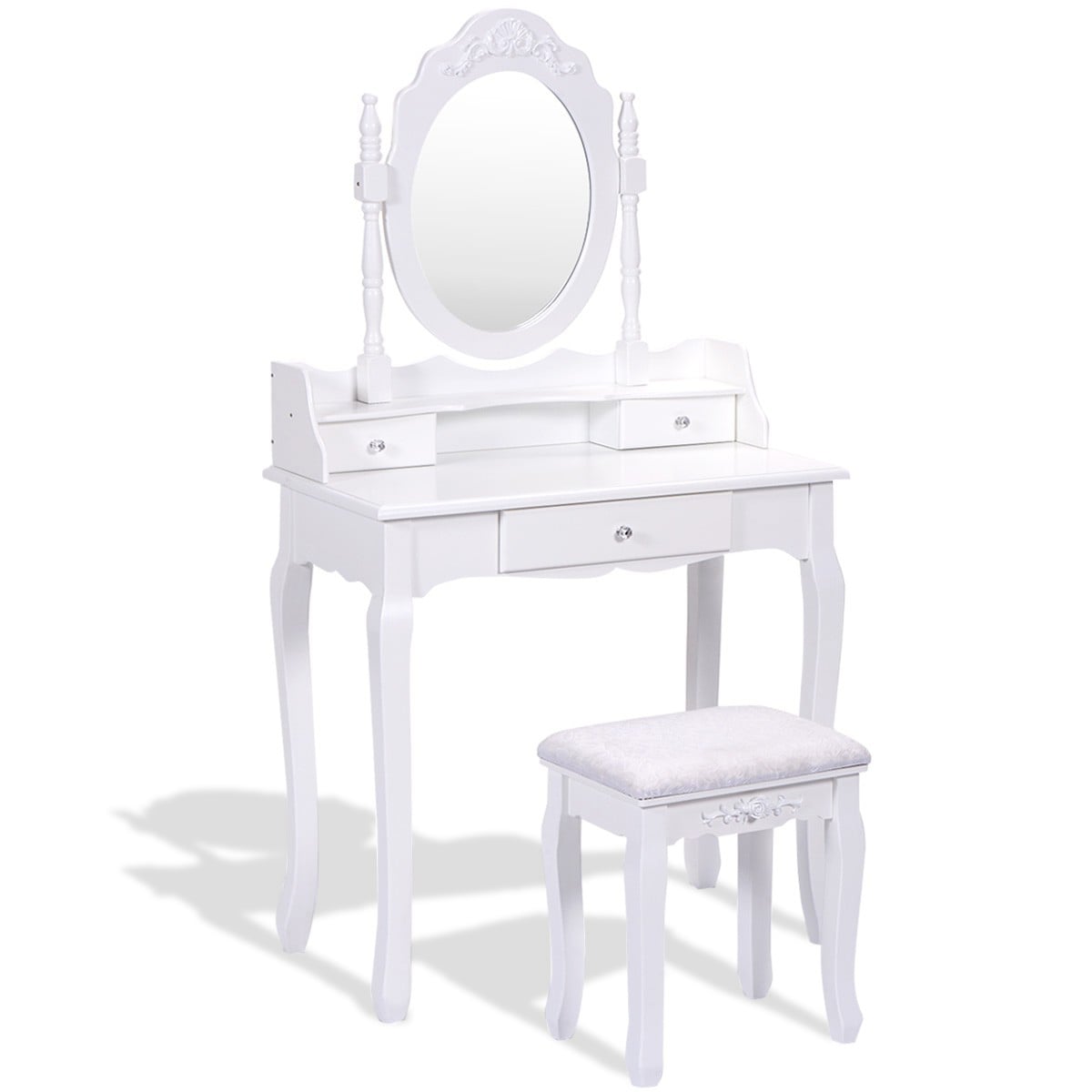 Vanity Table Set With Cushioned Stool, Oval Mirror, Three Drawers, White Makeup Vanities at Gallery Canada