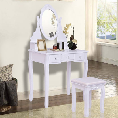 Wooden Vanity Set With 360° Rotating Mirror, Cushioned Stool, White Bathroom Vanities White at Gallery Canada