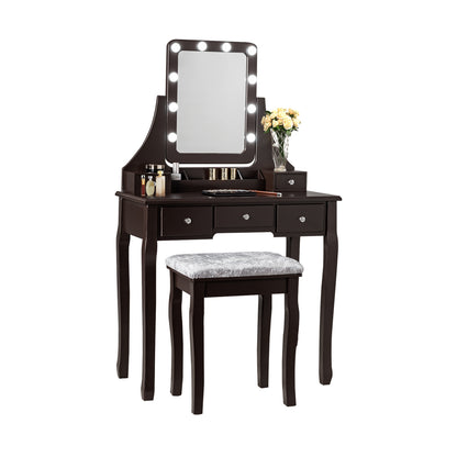 Vanity Dressing Table Set With 10 Dimmable Bulbs, Cushioned Stool, Brown Makeup Vanities at Gallery Canada