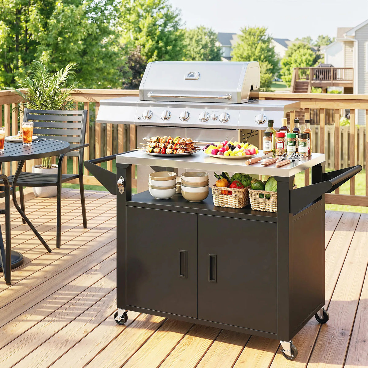 Outdoor Grill Cart, Stainless Steel Tabletop, 3-Shelf Pizza Oven Stand, Storage Cabinet, Wheels, Black Outdoor Grill Carts at Gallery Canada