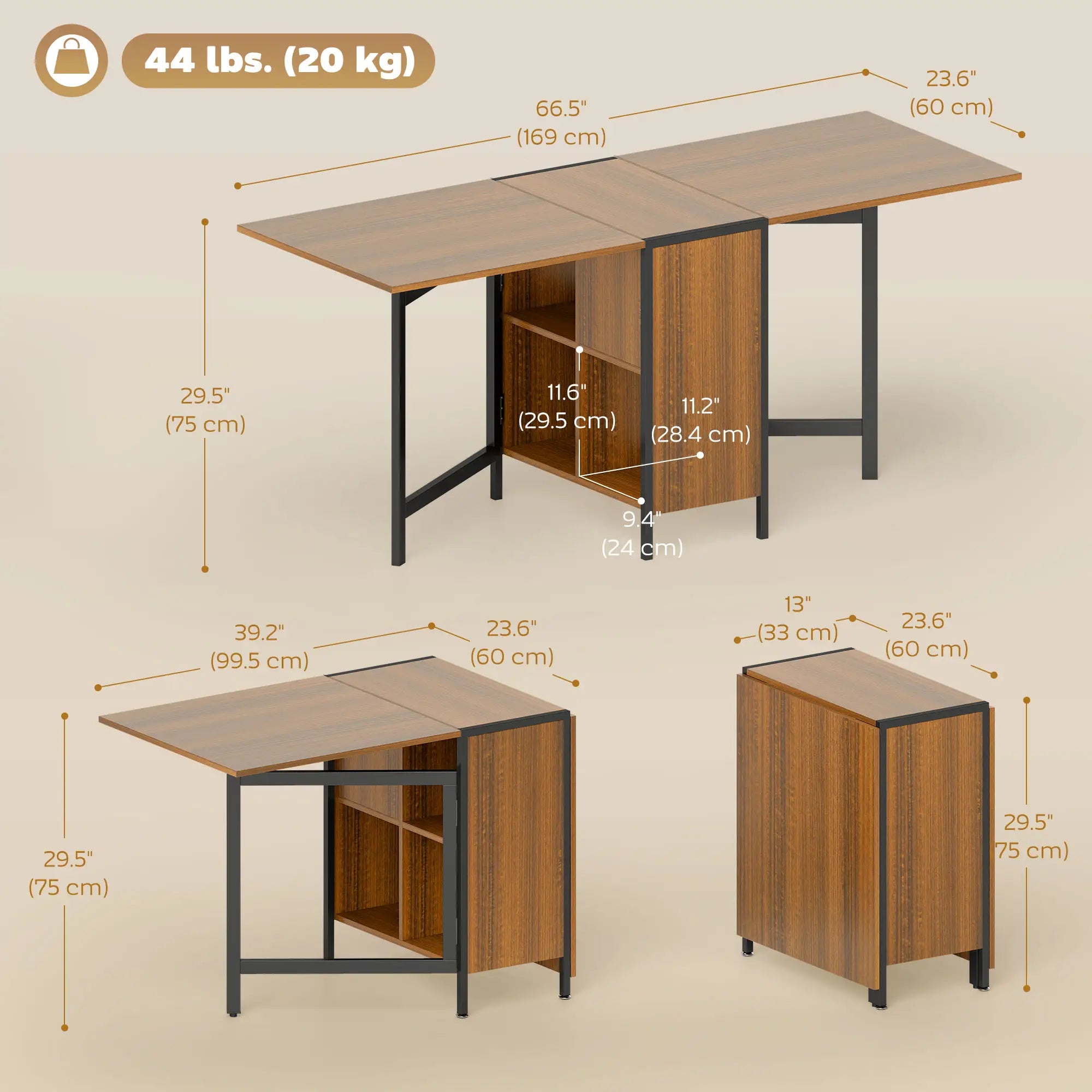 Foldable Table with Hideaway Shelves, Drop Leaf, Brown Dining Tables at Gallery Canada