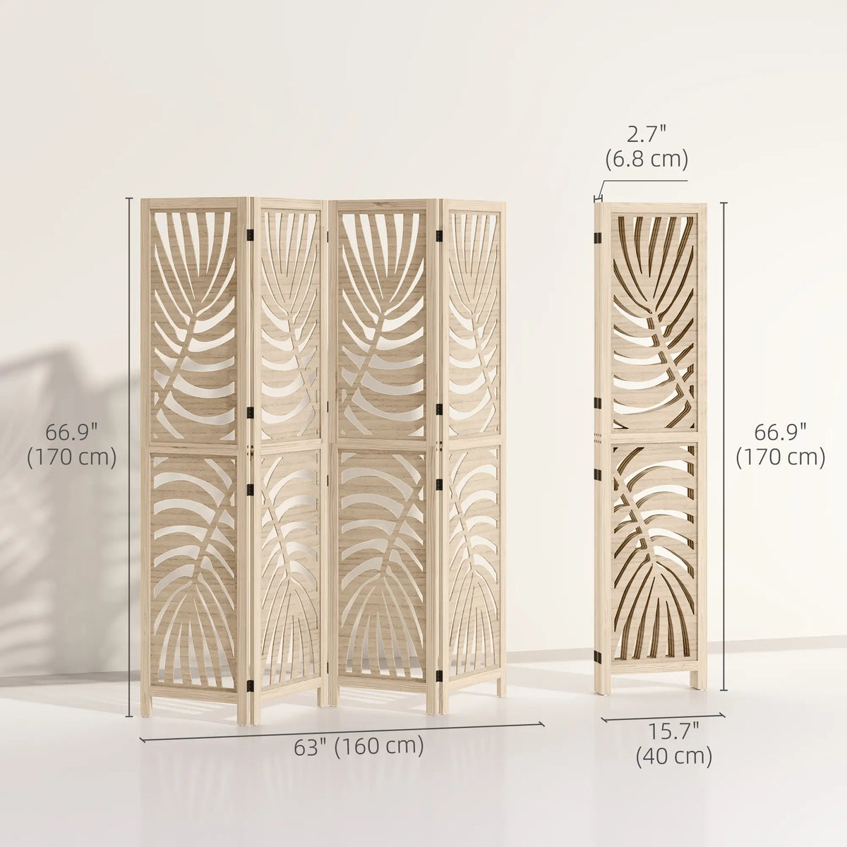 4 Panel Room Divider, Detachable Folding Privacy Screen, Palm Leaf Design, Natural Wood Finish Room Dividers at Gallery Canada