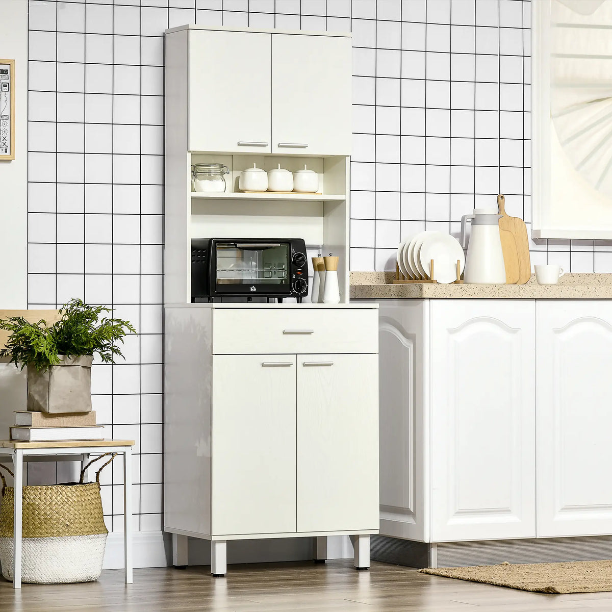 71"H Freestanding Kitchen Pantry, Buffet Cabinet with Hutch, White Kitchen Pantry Cabinets at Gallery Canada