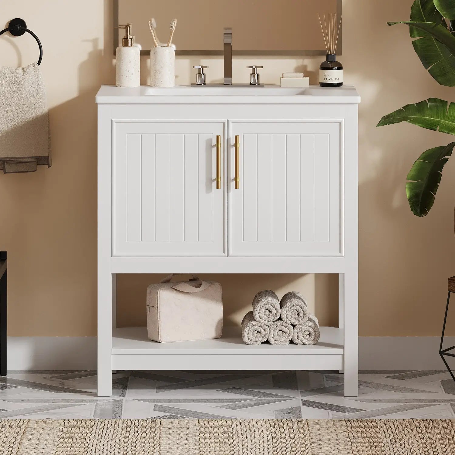 Bathroom Vanity with Ceramic Sink, Gold Handles, Soft Close Doors, 30