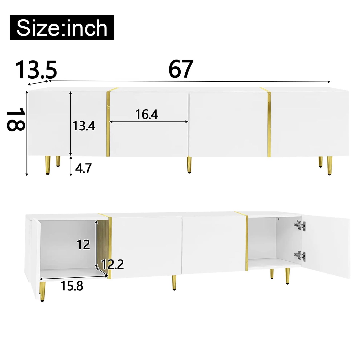 Modern TV Stand, 4 Doors, Soft-Close Hinges, 67" L x 13.5" W x 18" H, White TV Stands at Gallery Canada