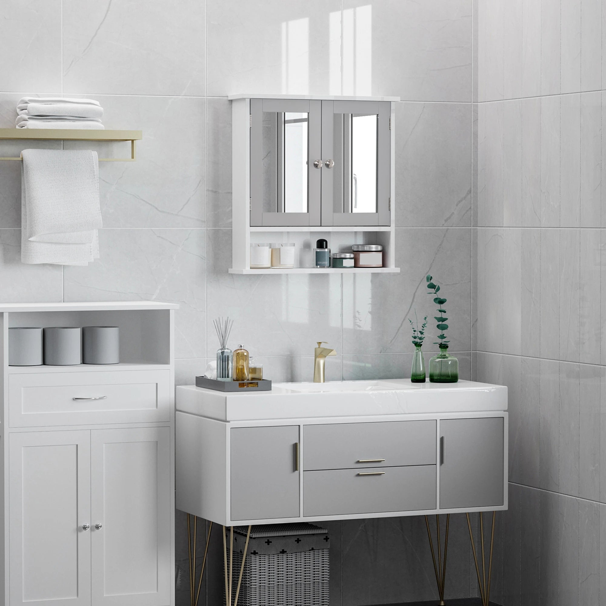 Wall-Mounted Medicine Cabinet, Double Doors, Open Shelf, Adjustable, White and Grey Mirror Medicine Cabinets at Gallery Canada