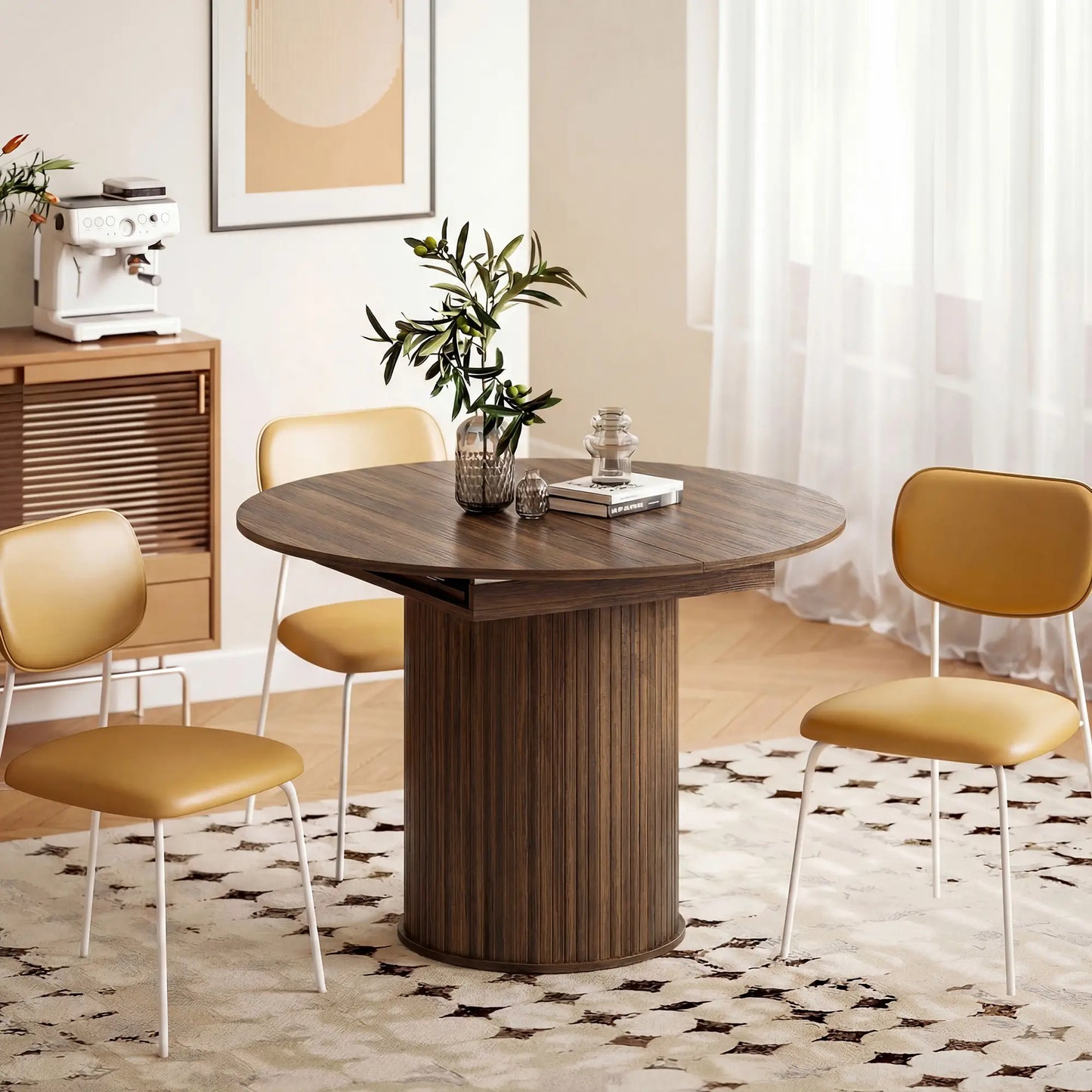 Extendable Kitchen Table, 43.5"-59", Walnut Wood Grain, Pedestal Base Dining Tables at Gallery Canada