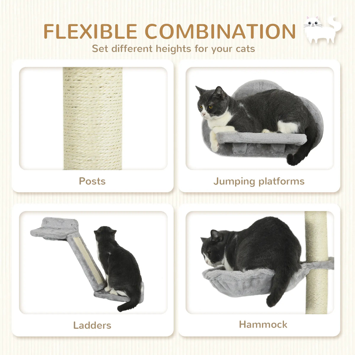 3PCs Cat Shelves, Hammock, Scratching Posts, Platforms, Grey Cat Climbing Wall at Gallery Canada