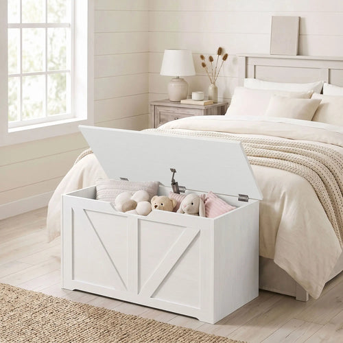 31.5 Inches Storage Chest with Safety Hinge, Wood Grain, White