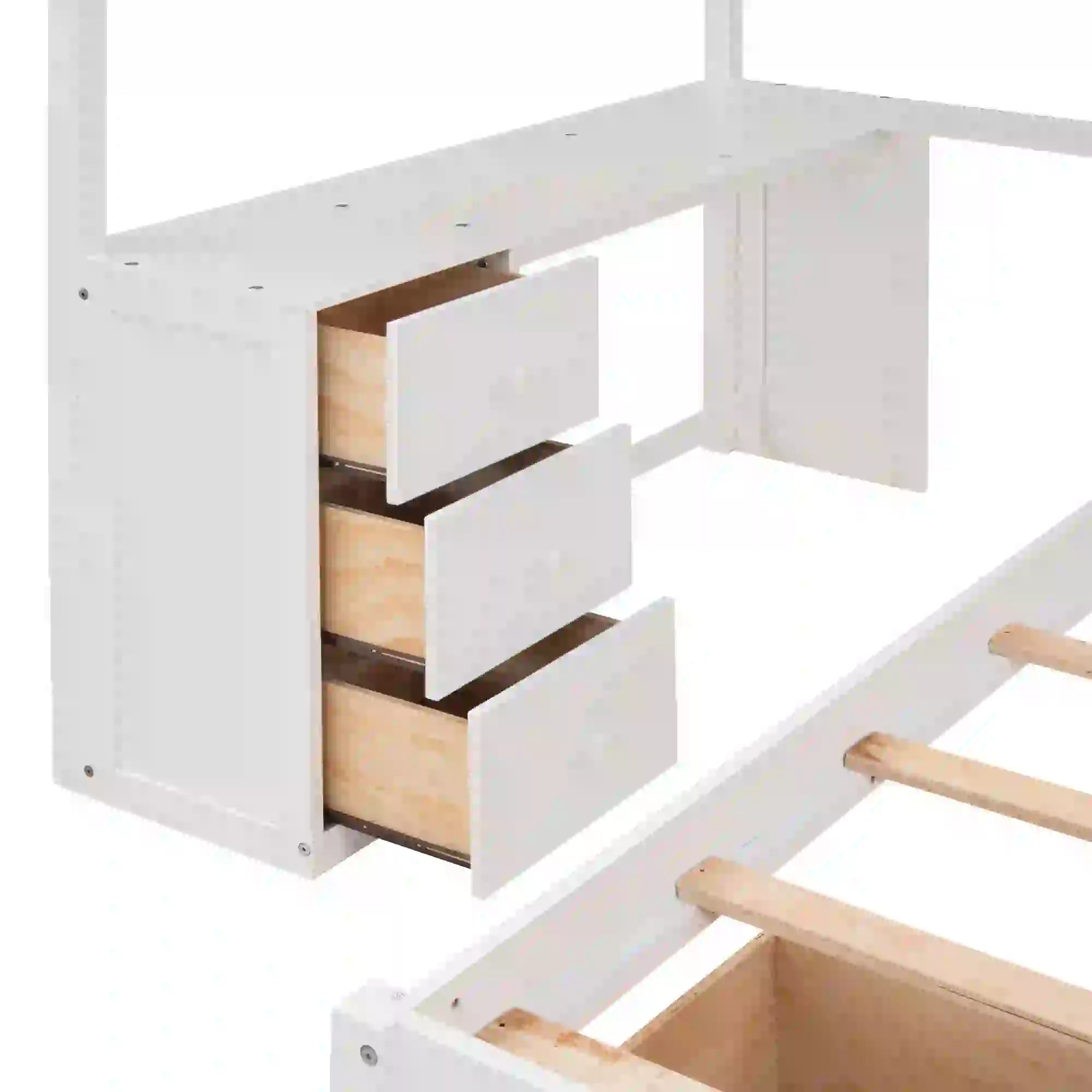 Over Twin Bunk Bed with Desk, Drawers, Shelves, 98