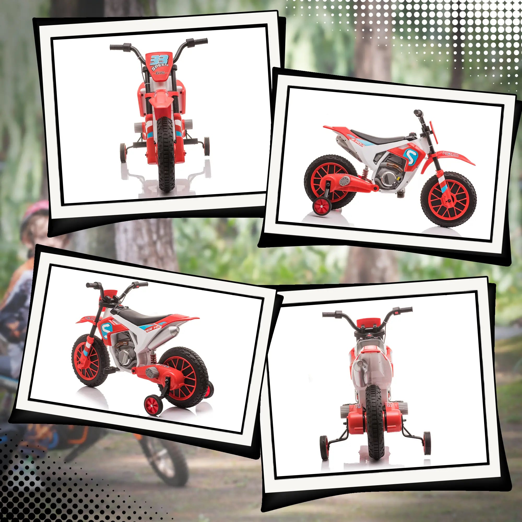 Kids Dirt Bike 12V Battery, Training Wheels, Red Electric Motorcycles at Gallery Canada