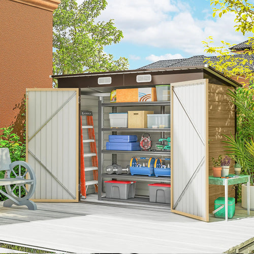 8x4FT Galvanized Metal Garden Storage Shed, Double Doors, 2 Vents, Oak