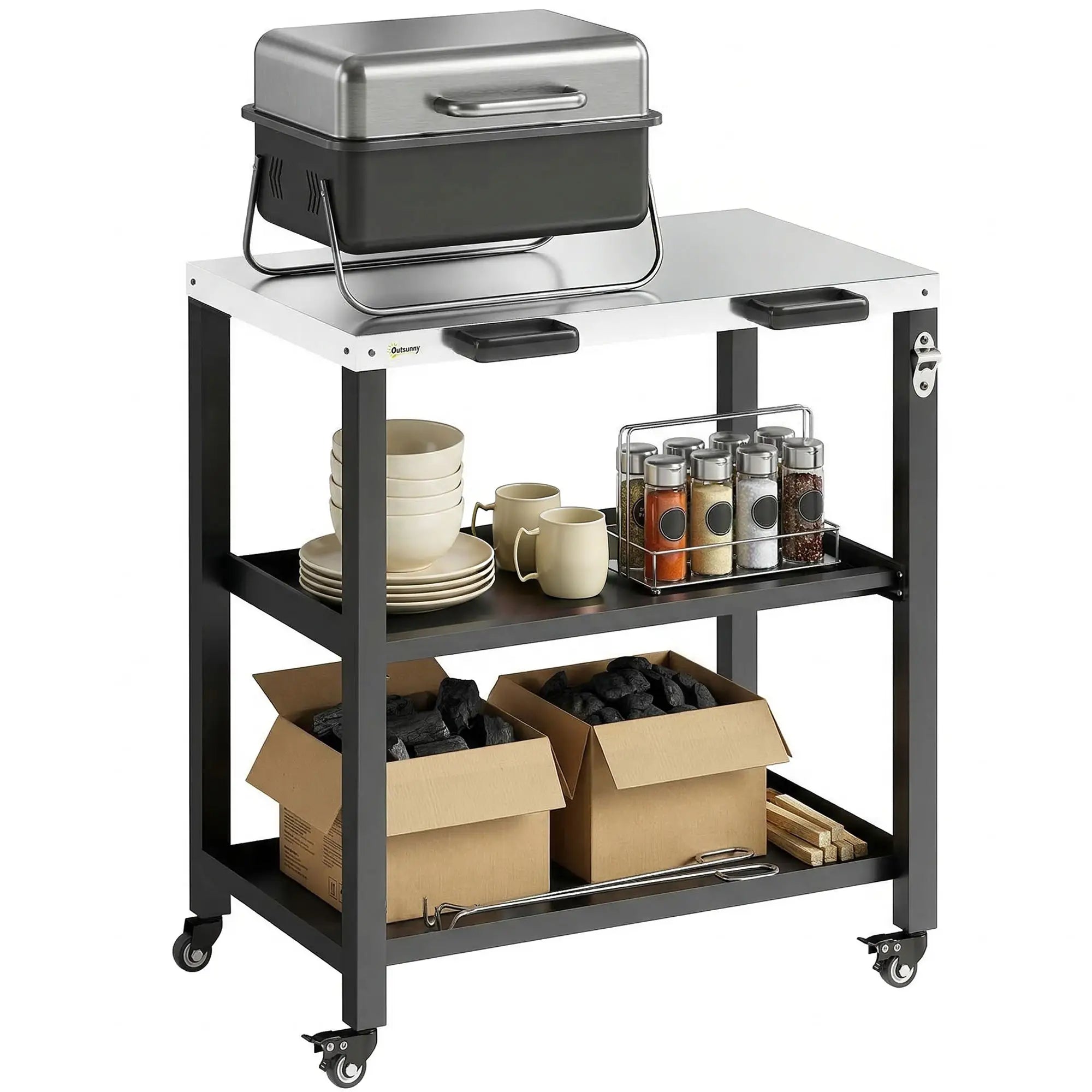 Outdoor Grill Cart, Stainless Steel Tabletop, 2 Shelves, Lockable Wheels Outdoor Grill Carts at Gallery Canada