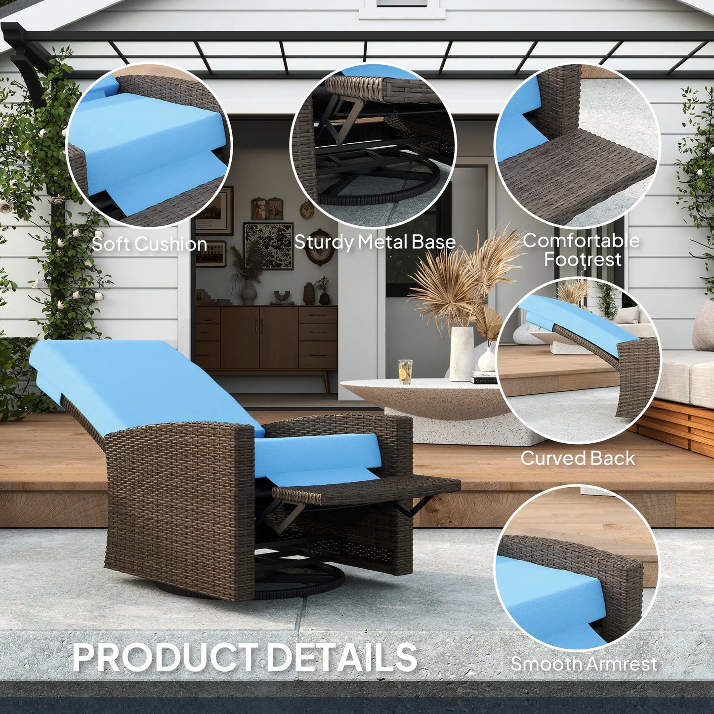 Outdoor Rattan Lounge Chair with Footrest, Soft Cushion, Sky Blue Patio Chairs at Gallery Canada