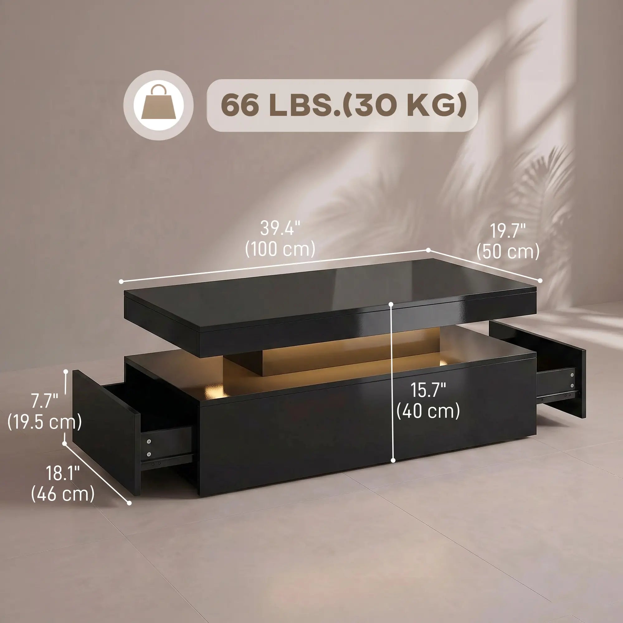 2-Tier LED Coffee Table With Storage, Black Coffee Tables at Gallery Canada