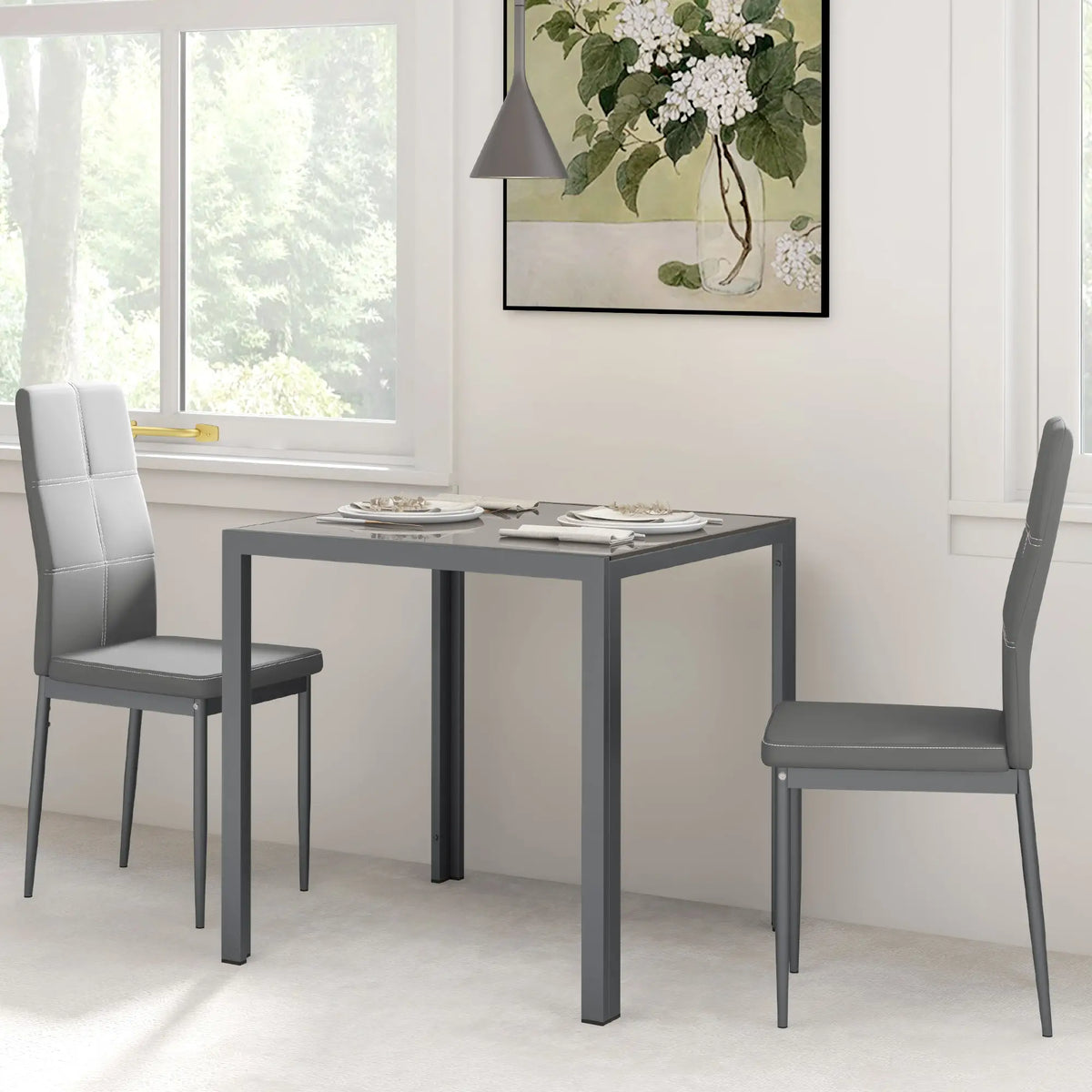 3-Piece Rectangular Glass Dining Table, Metal Frame, Faux Leather Chairs, Grey Bar Sets at Gallery Canada