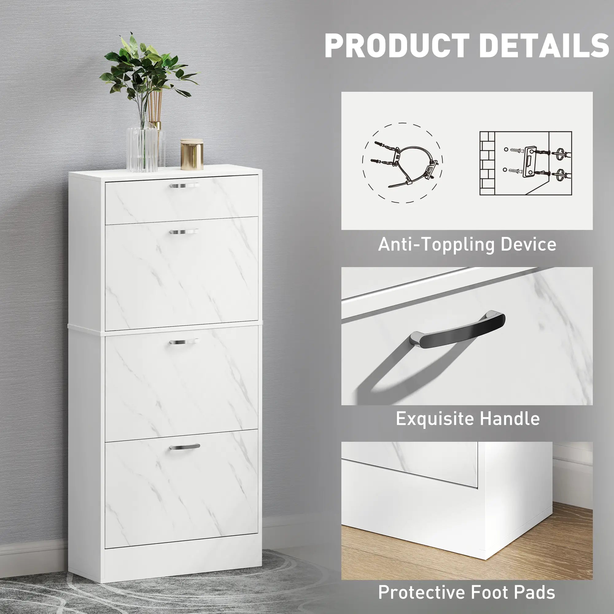 3 Flip Drawer Shoe Cabinet, Marble-Effect Narrow, White Shoe Storage Cabinets & Racks at Gallery Canada