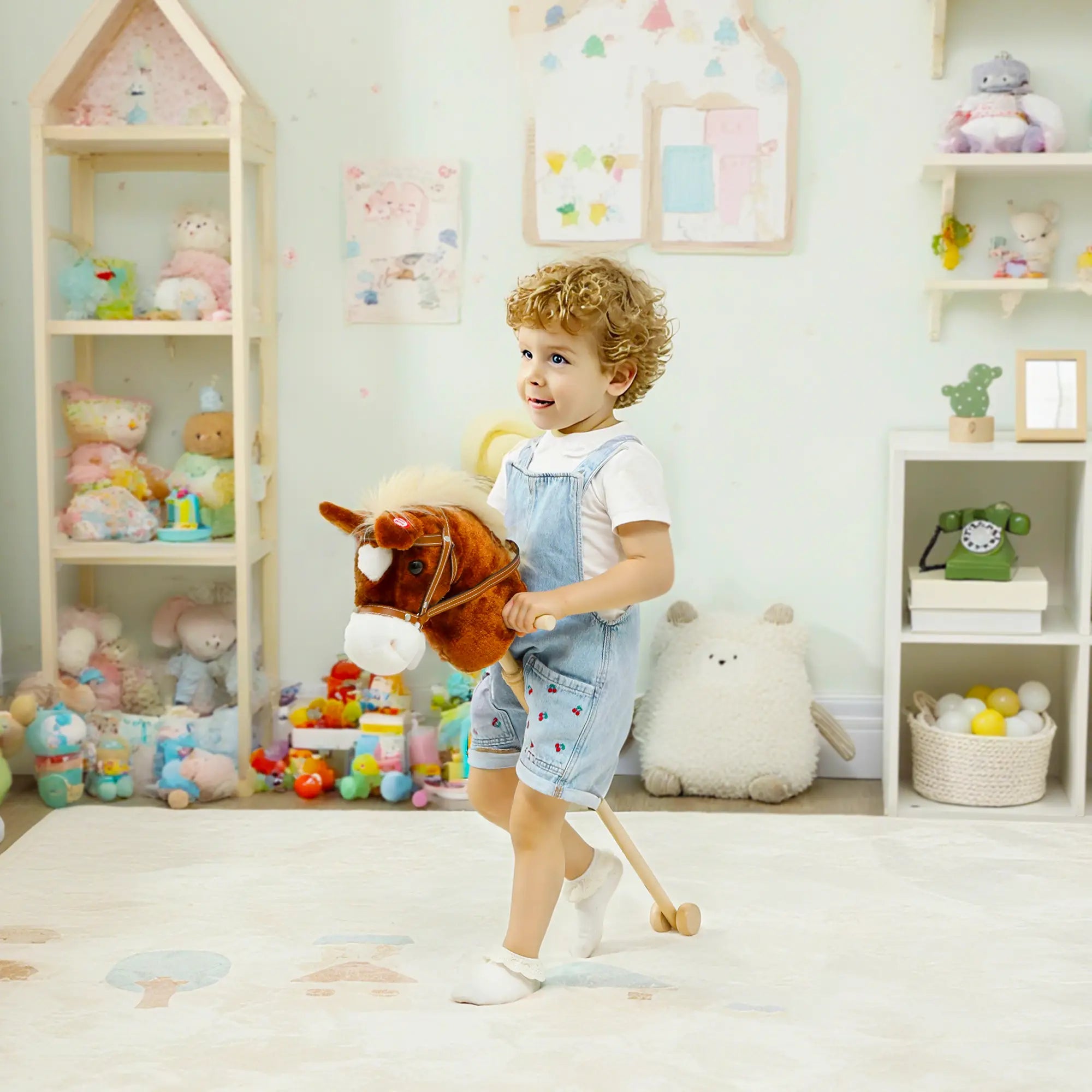 Unicorn Stick Horse, Plush Hobby Horse with Wood Wheels, Neighing Sounds, Brown Rocking Horses at Gallery Canada