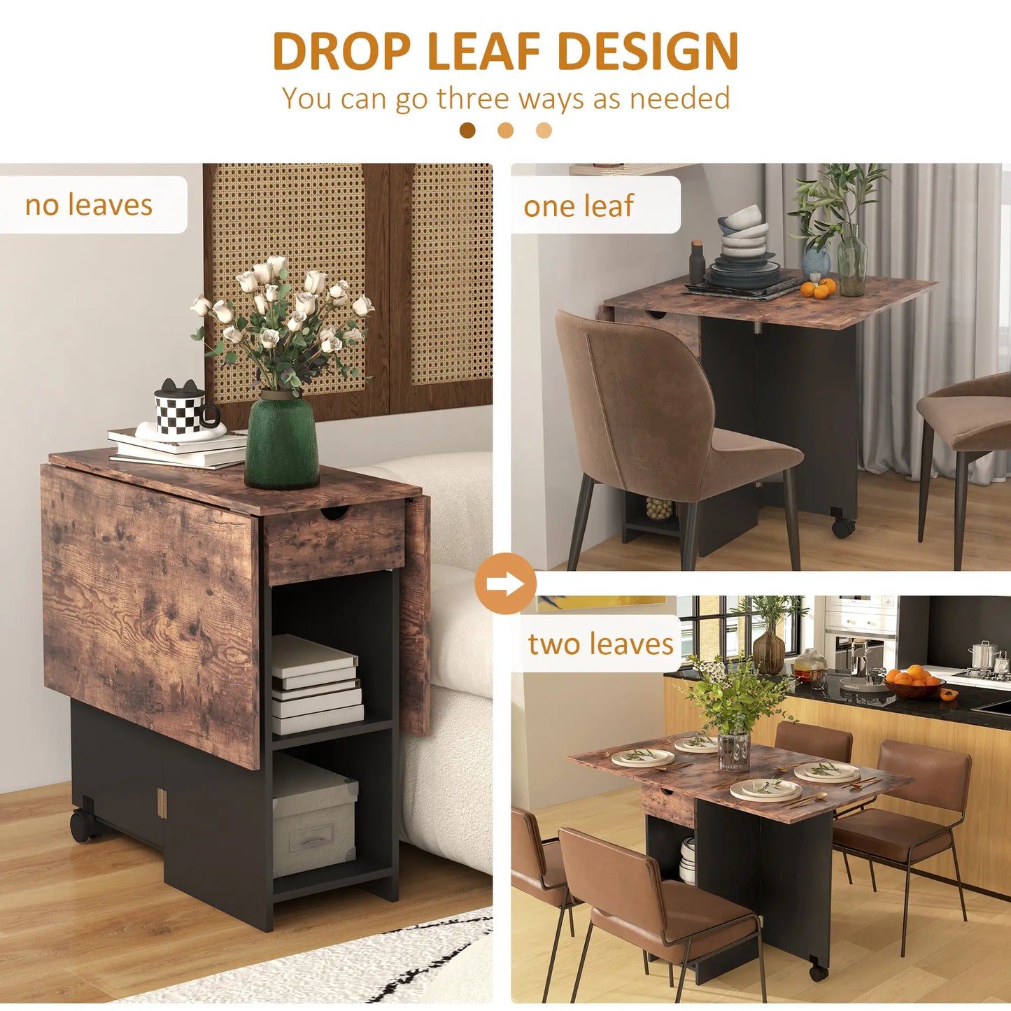 Folding Dining Table, Drop Leaf with Drawer, Shelves, Rustic Brown, Brown Bar Tables & Dining Tables at Gallery Canada