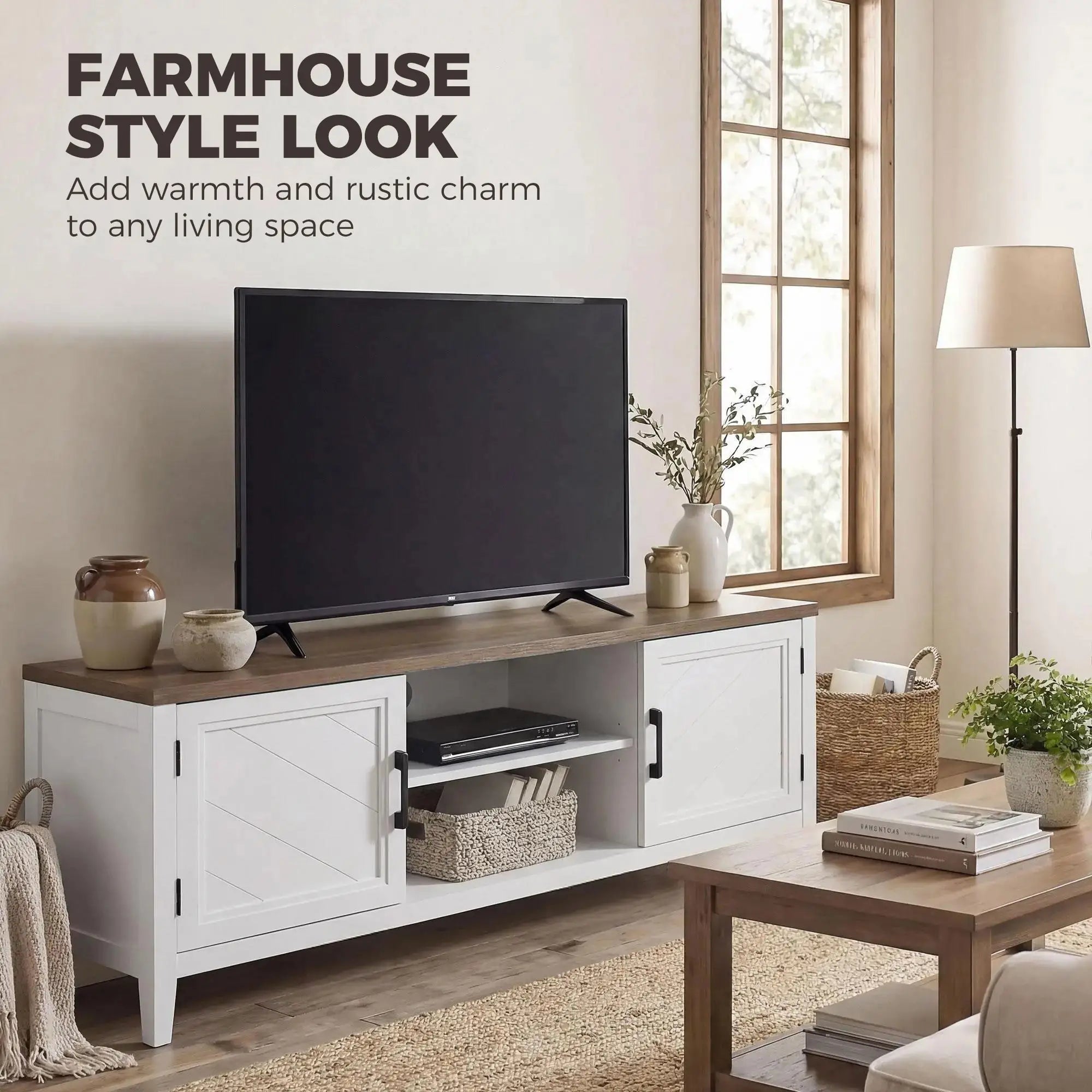 TV Stand For 42 Inch TVs, 2 Shelves 2 Cabinets, White Brown TV Stands at Gallery Canada