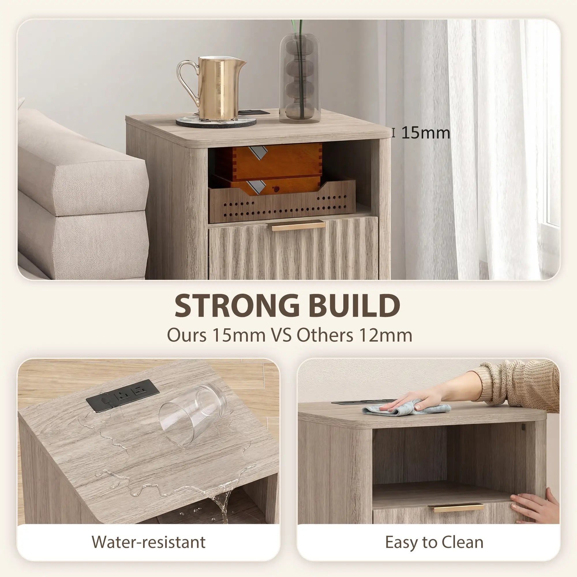 Modern Nightstands Set of 2, Charging Station, 2 Drawers, Open Shelf, Grey Bedside Tables at Gallery Canada