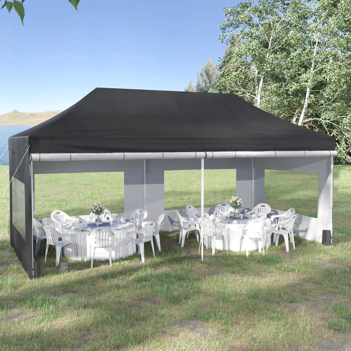 20' x 10' Folding Canopy Tent, Sidewalls, Windows, Black