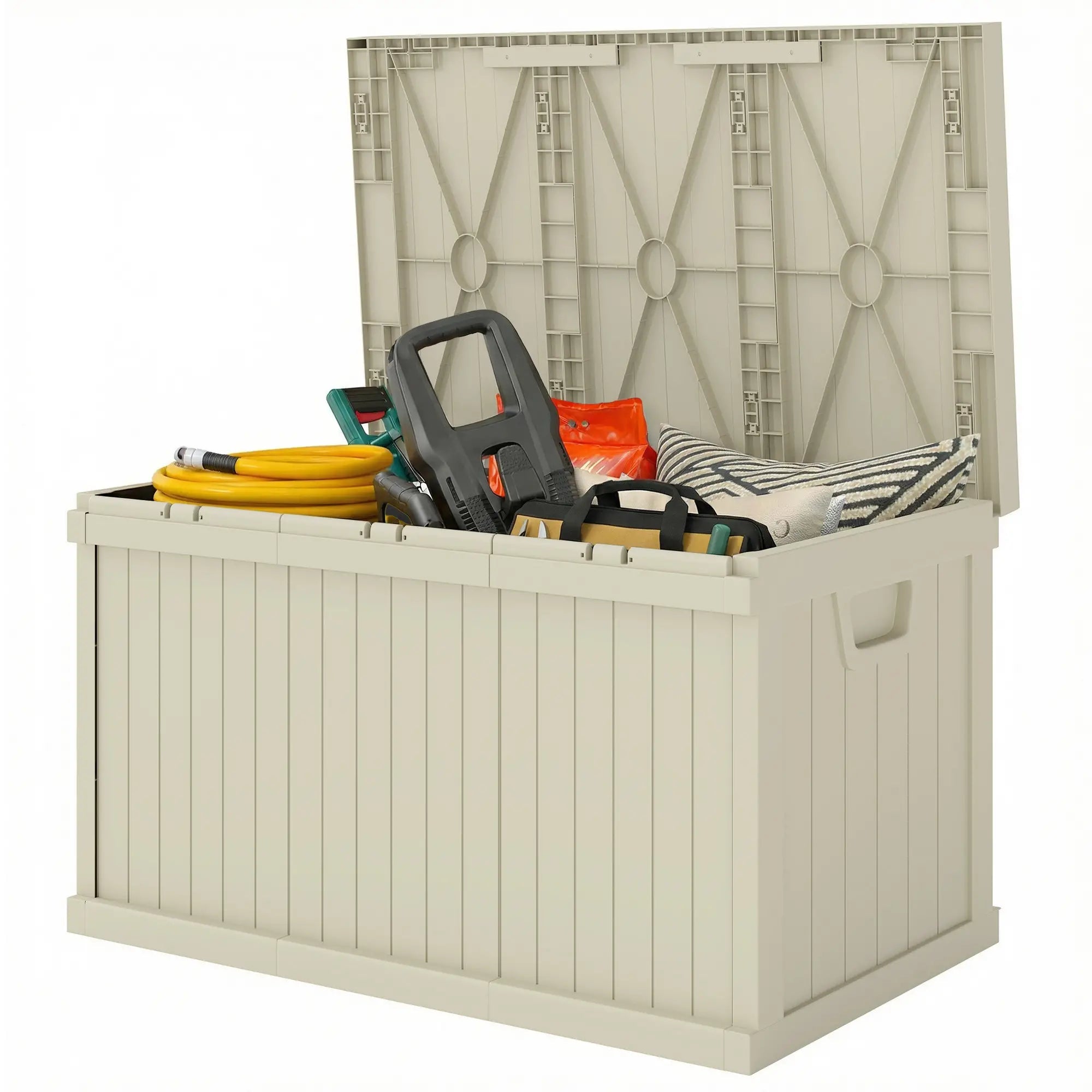 70 Gallon Resin Deck Box, Waterproof Outdoor Storage Container Patio Storage Boxes Sand Colour at Gallery Canada