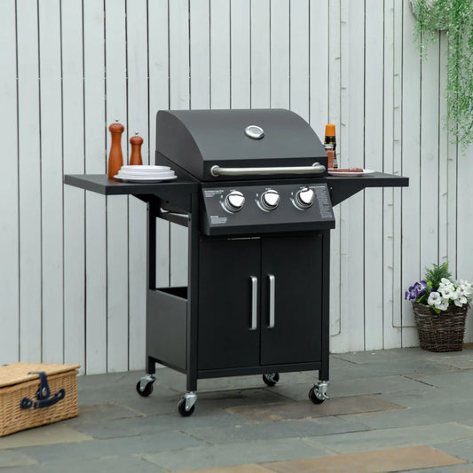 3 Burner Portable Gas Grill, With Wheels And Warming Rack, Black